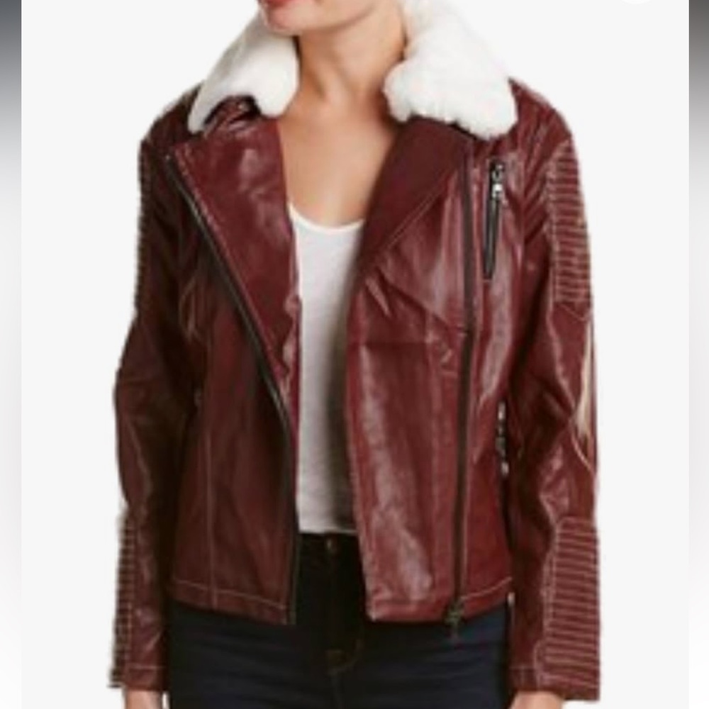 NWOT Beulah Asymmetrical Faux Fur Faux Leather Jacket Burgundy Red